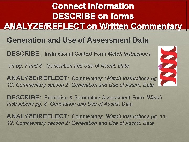 Connect Information DESCRIBE on forms ANALYZE/REFLECT on Written Commentary Generation and Use of Assessment