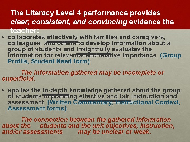 The Literacy Level 4 performance provides clear, consistent, and convincing evidence the teacher: •