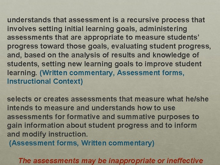 understands that assessment is a recursive process that involves setting initial learning goals, administering