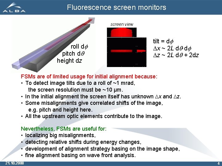 Fluorescence screen monitors screen view roll df pitch dq height dz tilt = df
