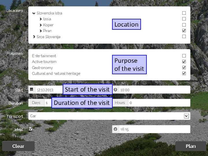 Location Purpose of the visit Start of the visit Duration of the visit 