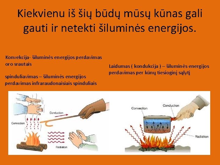 Kiekvienu iš šių būdų mūsų kūnas gali gauti ir netekti šiluminės energijos. Konvekcija- šiluminės