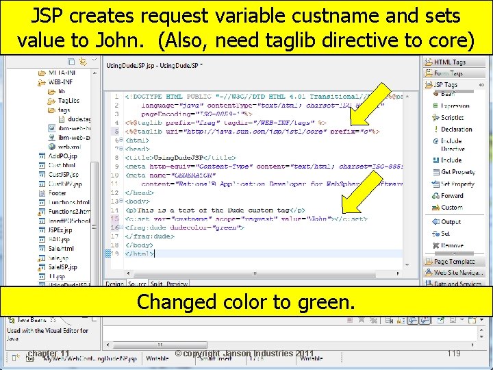 JSP creates request variable custname and sets value to John. (Also, need taglib directive