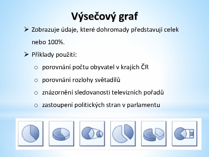 Výsečový graf Ø Zobrazuje údaje, které dohromady představují celek nebo 100%. Ø Příklady použití: