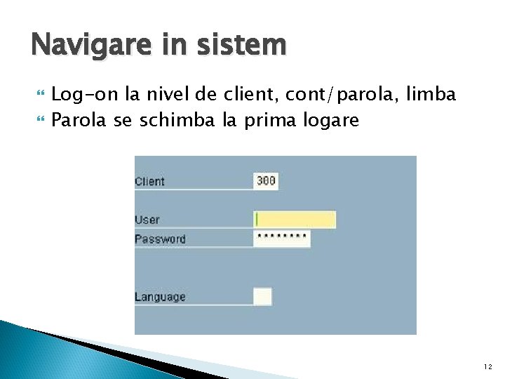 Navigare in sistem Log-on la nivel de client, cont/parola, limba Parola se schimba la