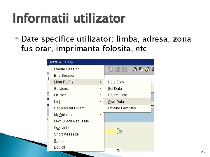 Informatii utilizator Date specifice utilizator: limba, adresa, zona fus orar, imprimanta folosita, etc 26