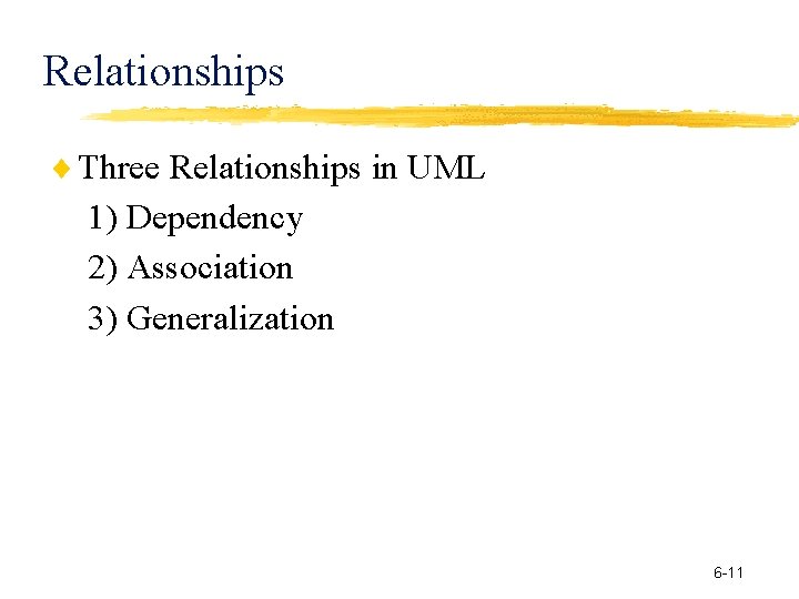 Relationships Three Relationships in UML 1) Dependency 2) Association 3) Generalization 6 -11 11 Relationships Three Relationships in UML 1) Dependency 2) Association 3) Generalization 6 -11 11