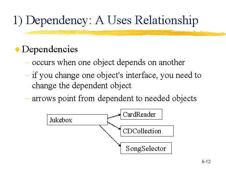 1) Dependency: A Uses Relationship Dependencies occurs when one object depends on another if 1) Dependency: A Uses Relationship Dependencies occurs when one object depends on another if