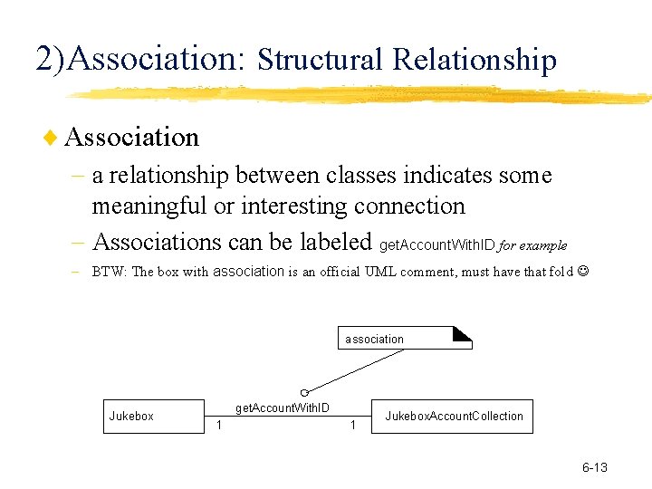 2)Association: Structural Relationship Association a relationship between classes indicates some meaningful or interesting connection 2)Association: Structural Relationship Association a relationship between classes indicates some meaningful or interesting connection