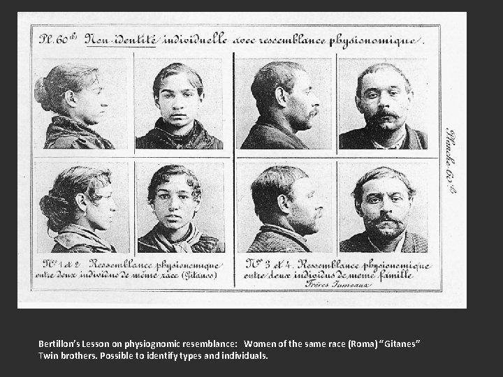 Bertillon’s Lesson on physiognomic resemblance: Women of the same race (Roma) “Gitanes” Twin brothers.