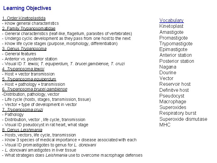 Learning Objectives 1. Order Kinetoplastida - Know general characteristics 2. Family Trypanosomatidae - General