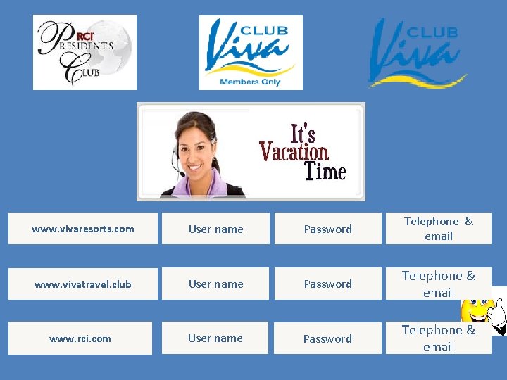 www. vivaresorts. com User name Password Telephone & email www. vivatravel. club User name