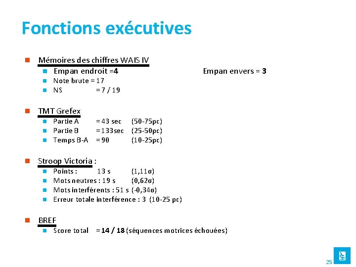 Fonctions exécutives n Mémoires des chiffres WAIS IV n Empan endroit =4 n n