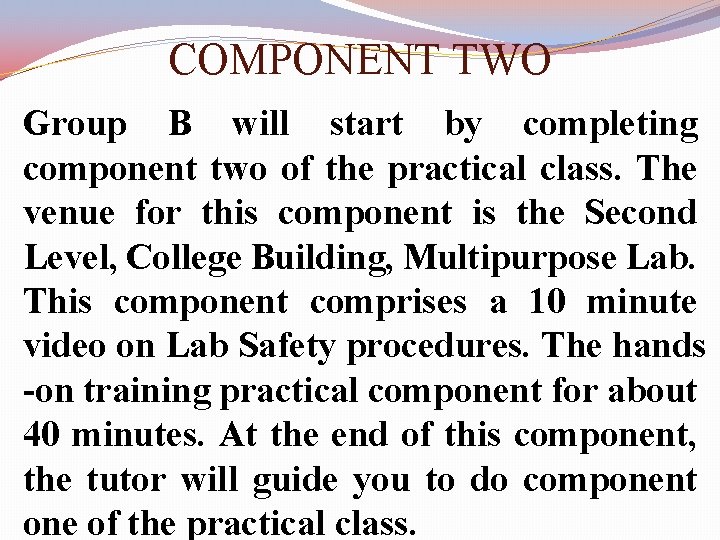 COMPONENT TWO Group B will start by completing component two of the practical class.