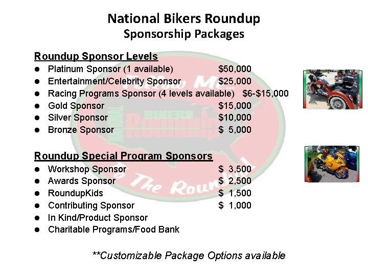 National Bikers Roundup Sponsorship Packages Roundup Sponsor Levels l l l Platinum Sponsor (1