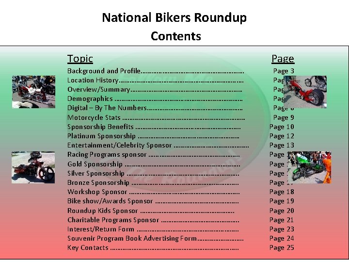 National Bikers Roundup Contents Topic Page Background and Profile…………………………. Location History………………………………. Overview/Summary…………………………… Demographics ………………………………