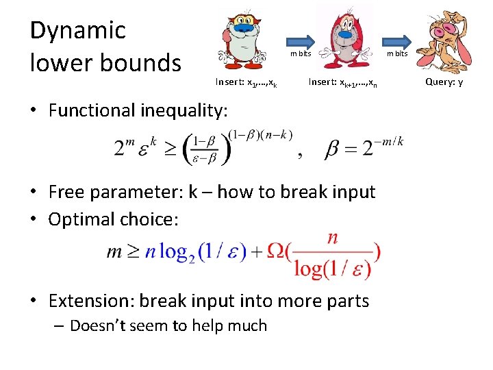 Dynamic lower bounds m bits Insert: x 1, …, xk Insert: xk+1, …, xn