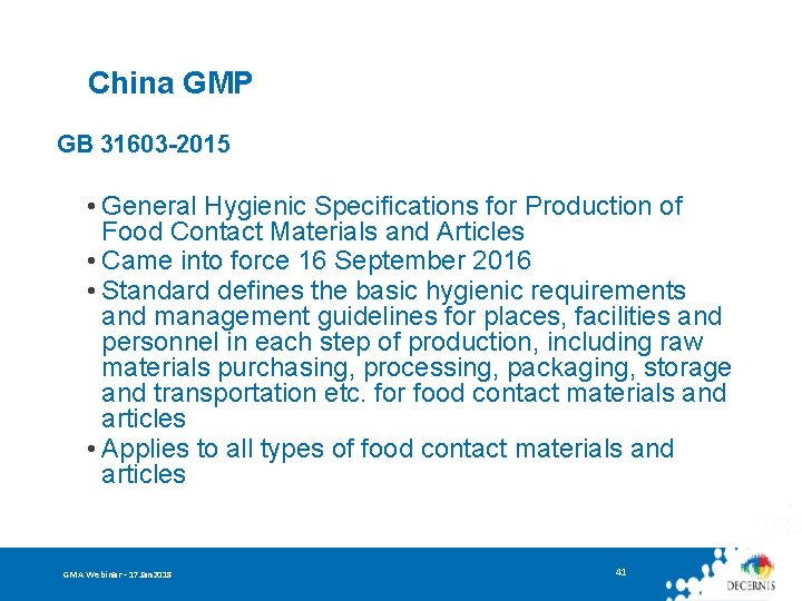 China GMP GB 31603 -2015 • General Hygienic Specifications for Production of Food Contact