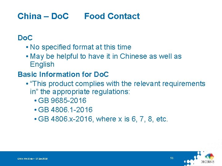 China – Do. C Food Contact Do. C • No specified format at this