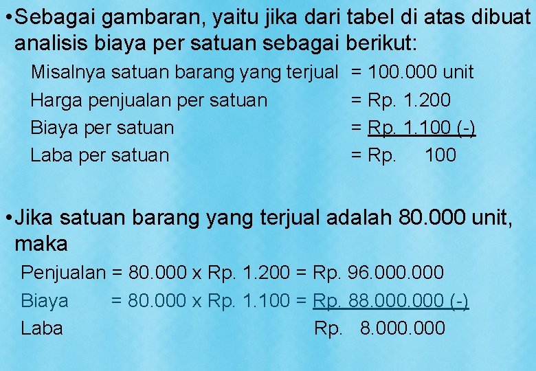  • Sebagai gambaran, yaitu jika dari tabel di atas dibuat analisis biaya per