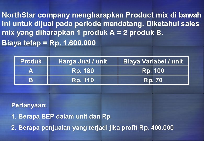 North. Star company mengharapkan Product mix di bawah ini untuk dijual pada periode mendatang.