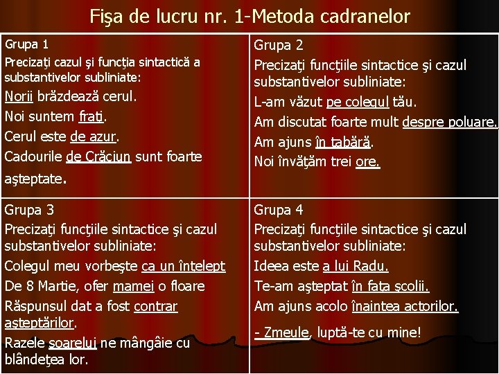 Fişa de lucru nr. 1 -Metoda cadranelor Grupa 1 Precizaţi cazul şi funcţia sintactică