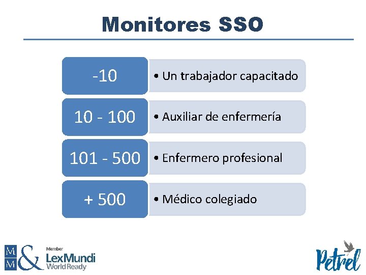 Monitores SSO -10 • Un trabajador capacitado 10 - 100 • Auxiliar de enfermería