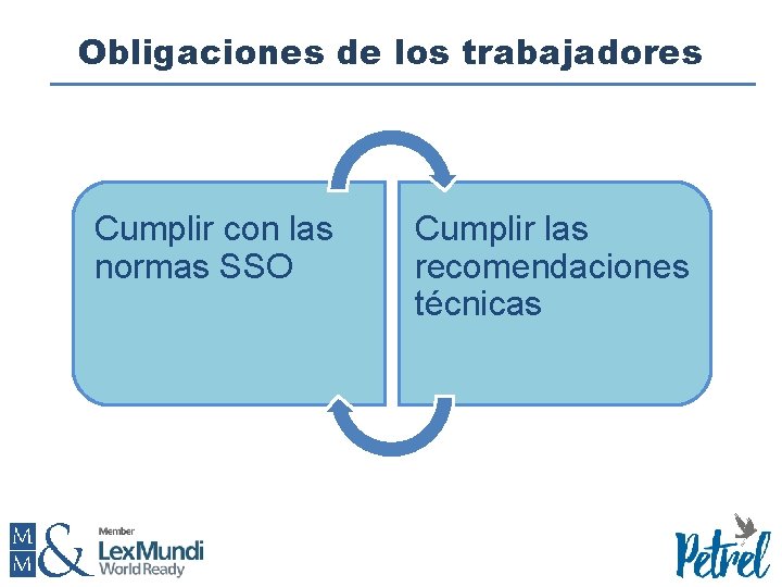 Obligaciones de los trabajadores Cumplir con las normas SSO Cumplir las recomendaciones técnicas 