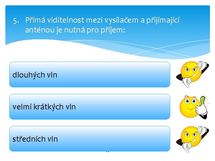 5. Přímá viditelnost mezi vysílačem a přijímající anténou je nutná pro příjem: dlouhých vln