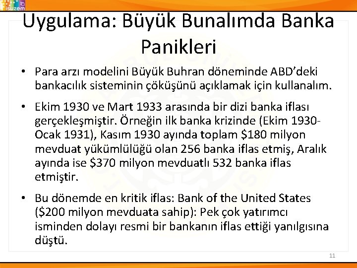 Uygulama: Büyük Bunalımda Banka Panikleri • Para arzı modelini Büyük Buhran döneminde ABD’deki bankacılık
