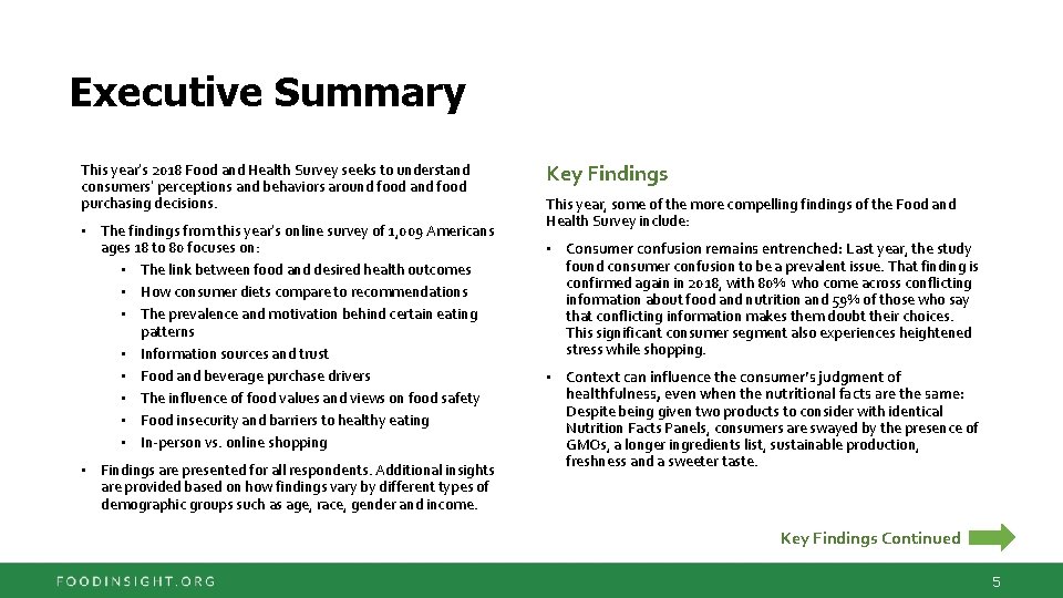 Executive Summary This year’s 2018 Food and Health Survey seeks to understand consumers’ perceptions