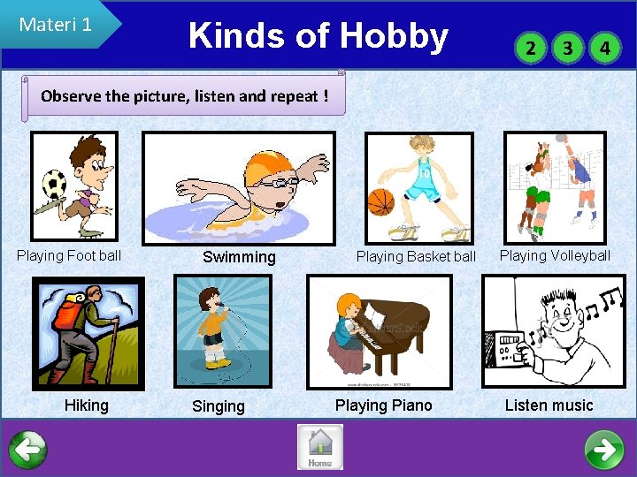 Materi 1 Kinds of Hobby 2 3 4 Observe the picture, listen and repeat