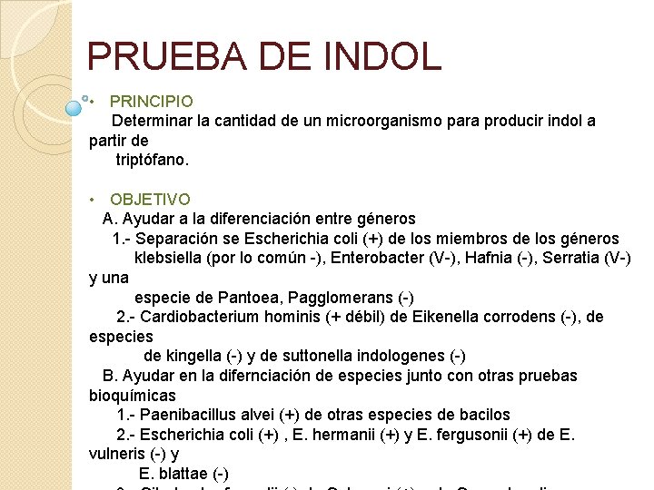 PRUEBA DE INDOL • PRINCIPIO Determinar la cantidad de un microorganismo para producir indol