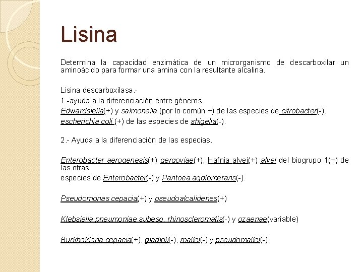 Lisina Determina la capacidad enzimática de un microrganismo de descarboxilar un aminoácido para formar