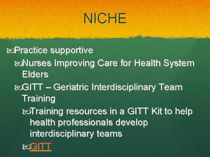 NICHE Practice supportive Nurses Improving Care for Health System Elders GITT – Geriatric Interdisciplinary