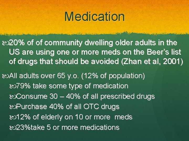 Medication 20% of of community dwelling older adults in the US are using one