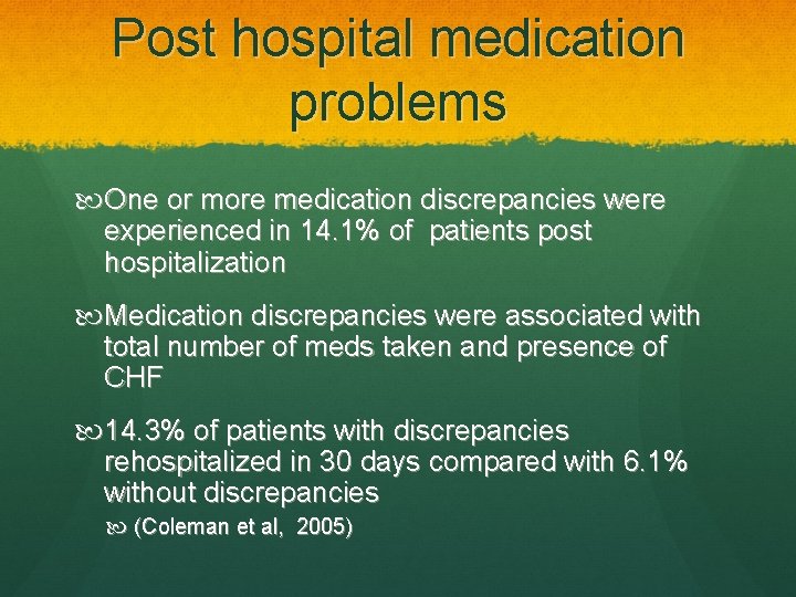 Post hospital medication problems One or more medication discrepancies were experienced in 14. 1%