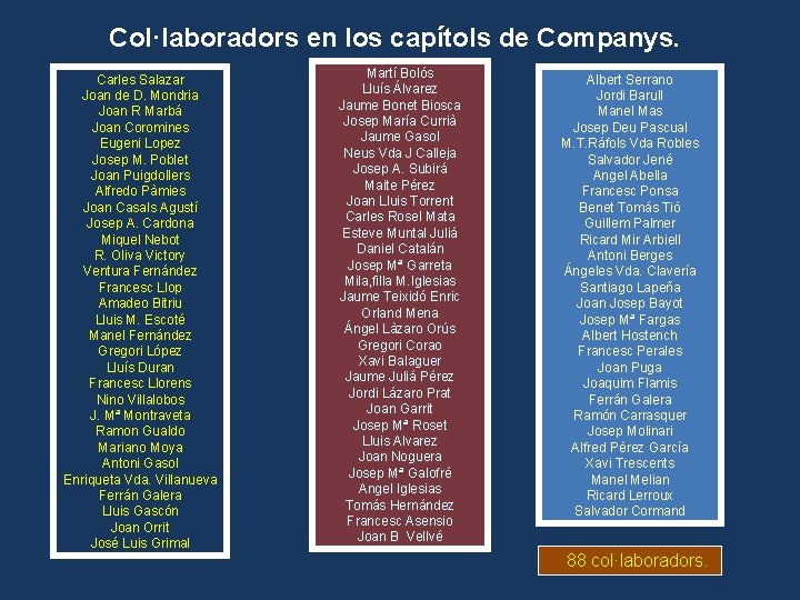 Col·laboradors en los capítols de Companys. Carles Salazar Joan de D. Mondria Joan R