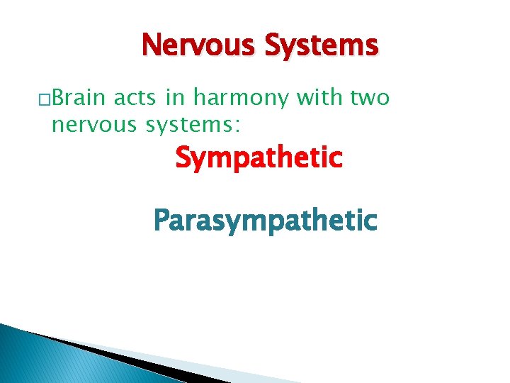 Nervous Systems �Brain acts in harmony with two nervous systems: Sympathetic Parasympathetic 