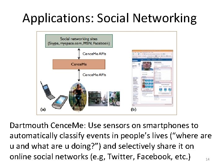 Applications: Social Networking Dartmouth Cence. Me: Use sensors on smartphones to automatically classify events