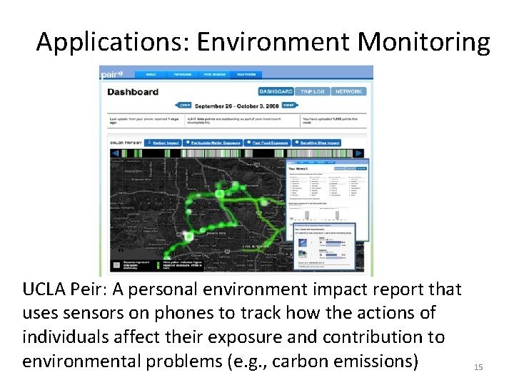 Applications: Environment Monitoring UCLA Peir: A personal environment impact report that uses sensors on