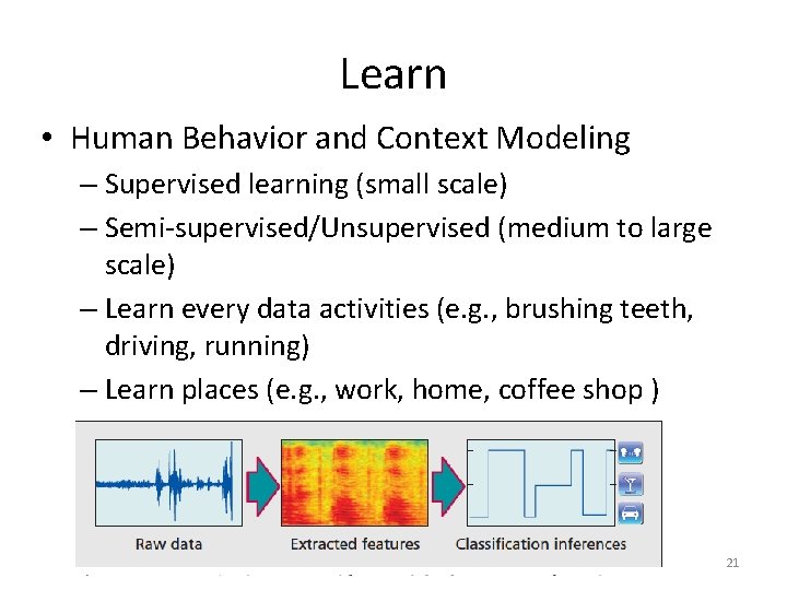 Learn • Human Behavior and Context Modeling – Supervised learning (small scale) – Semi-supervised/Unsupervised