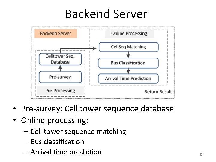 Backend Server • Pre-survey: Cell tower sequence database • Online processing: – Cell tower