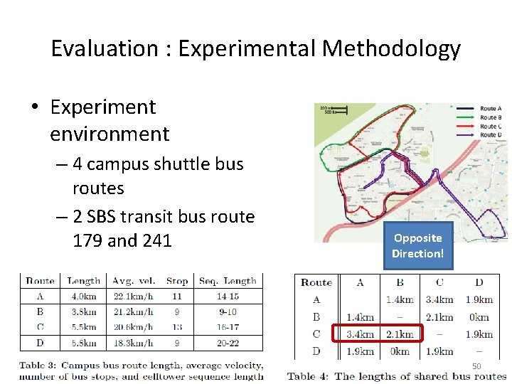 Evaluation : Experimental Methodology • Experiment environment – 4 campus shuttle bus routes –
