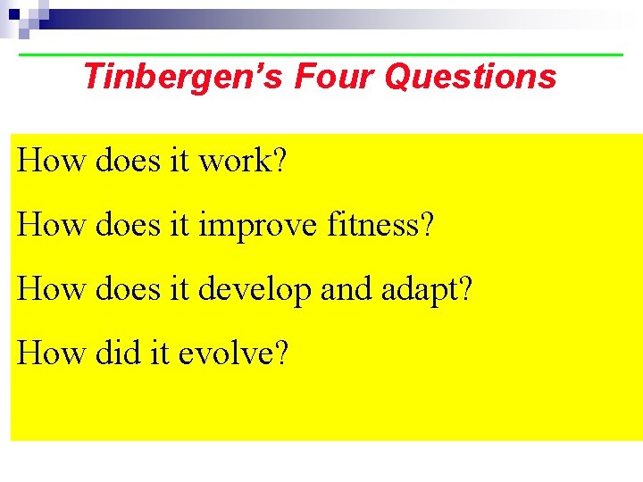 Tinbergen’s Four Questions How does it work? How does it improve fitness? How does
