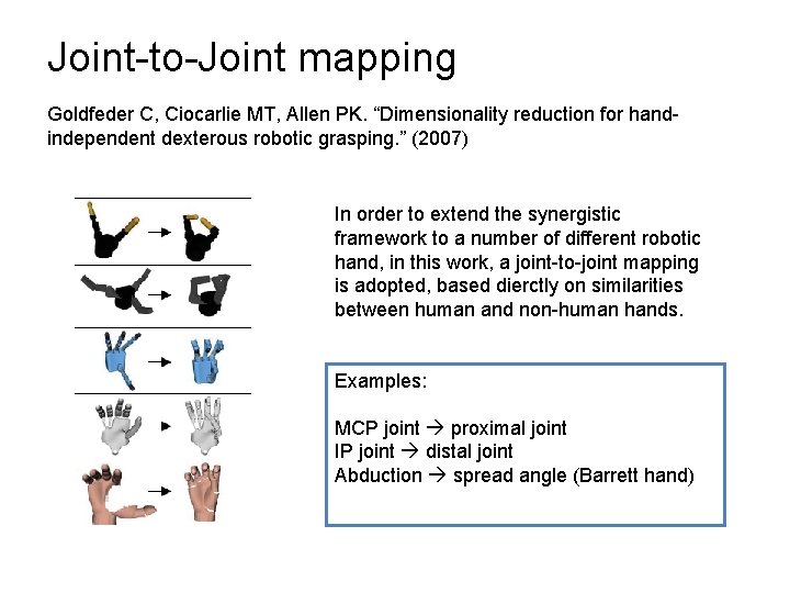 Joint-to-Joint mapping Goldfeder C, Ciocarlie MT, Allen PK. “Dimensionality reduction for handindependent dexterous robotic