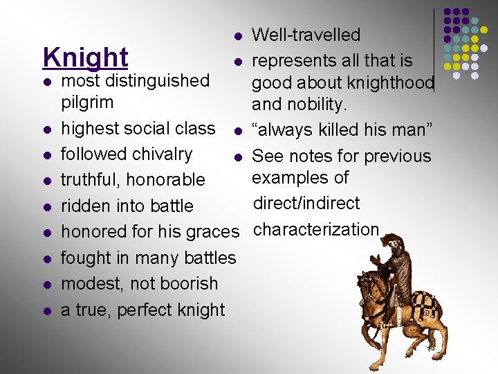 Well-travelled Knight l represents all that is l most distinguished good about knighthood pilgrim
