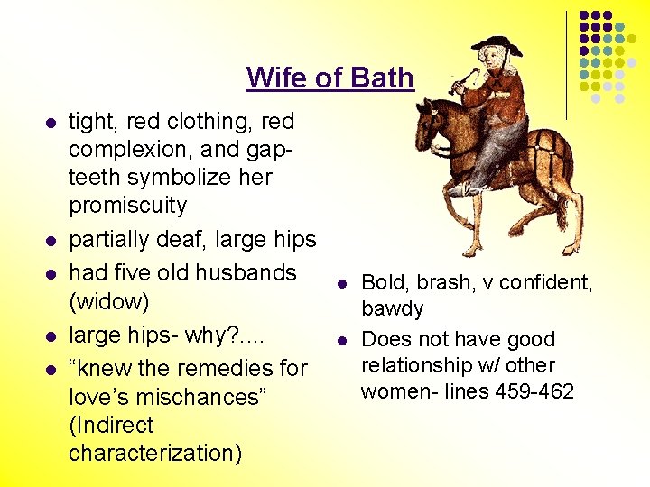 Wife of Bath l l l tight, red clothing, red complexion, and gapteeth symbolize