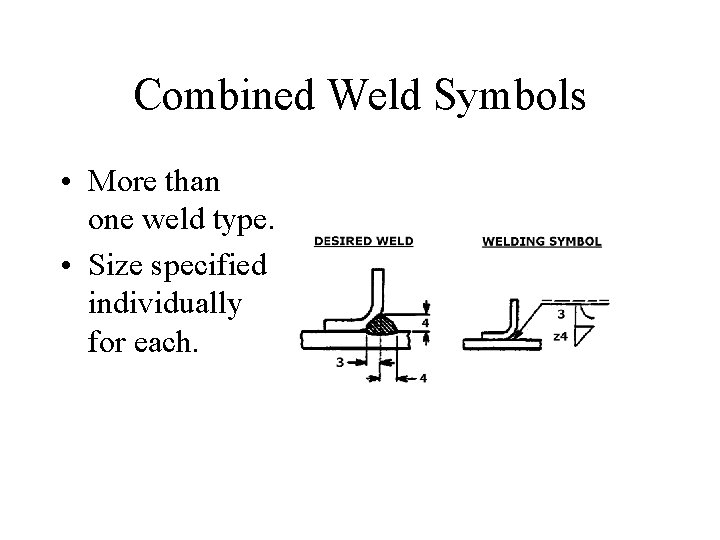 Combined Weld Symbols • More than one weld type. • Size specified individually for Combined Weld Symbols • More than one weld type. • Size specified individually for