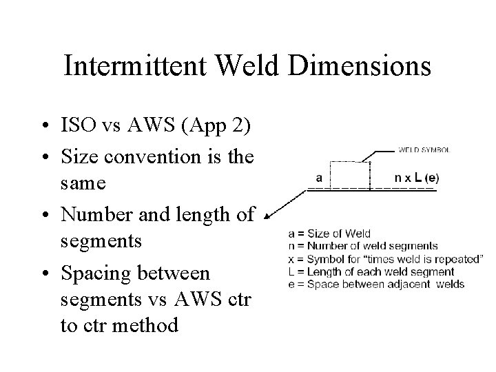 Intermittent Weld Dimensions • ISO vs AWS (App 2) • Size convention is the